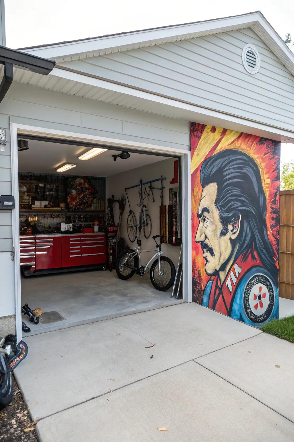 Custom wall art personalizes and enlivens the garage space.