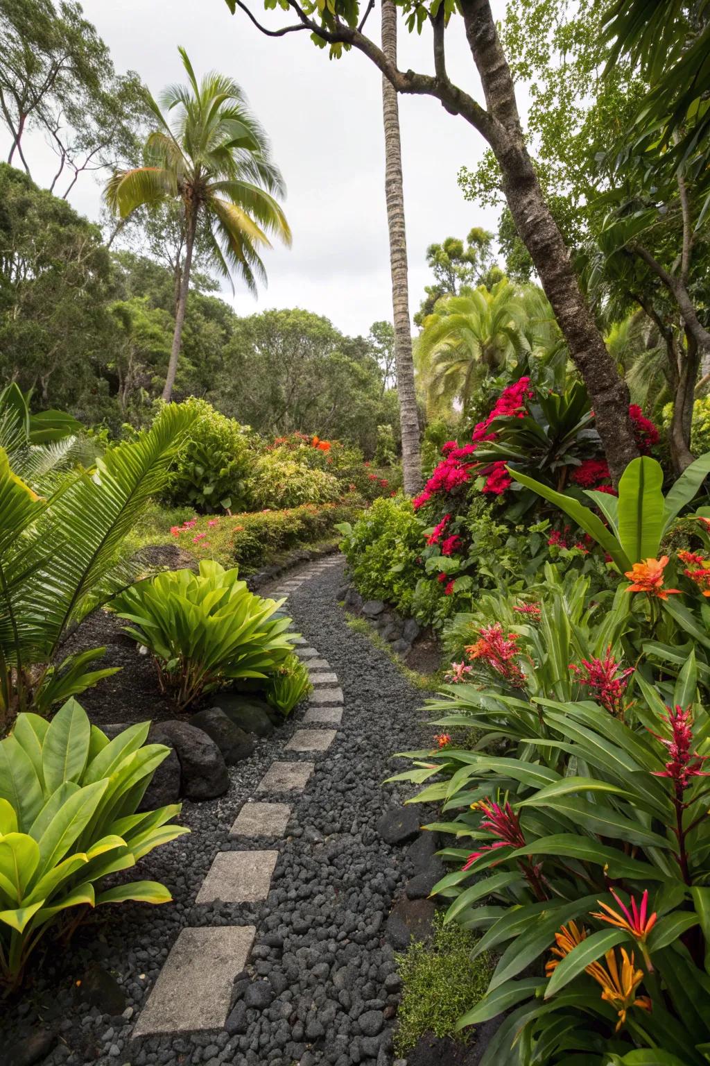 Create visual drama in your tropical garden with slate chippings.