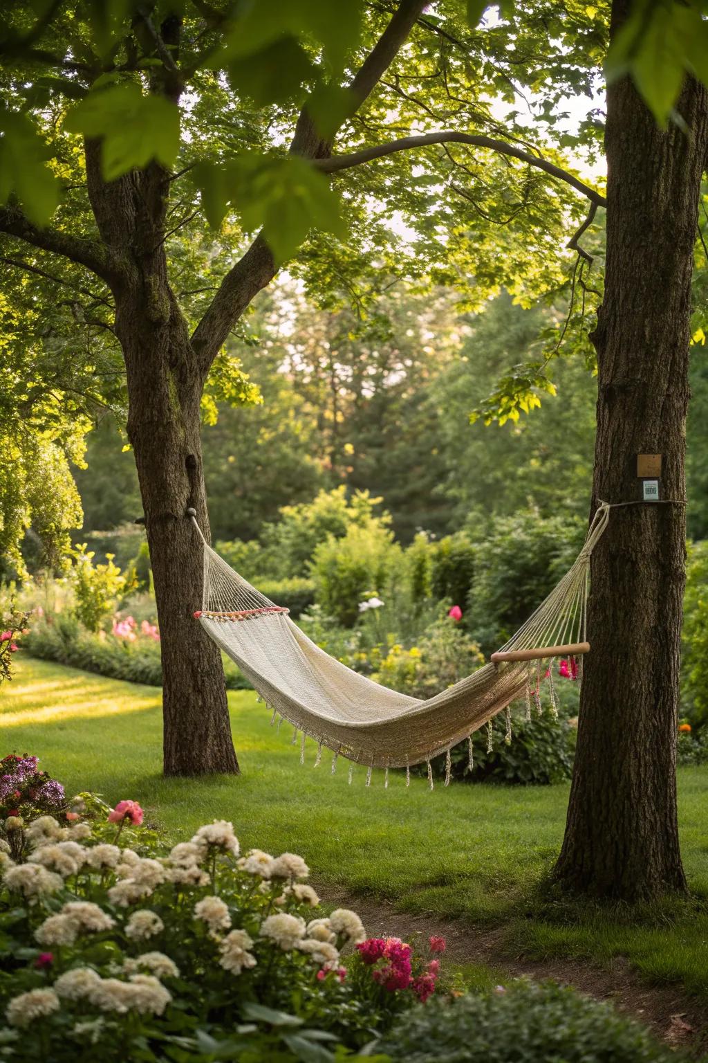 A peaceful hammock strung between garden trees.