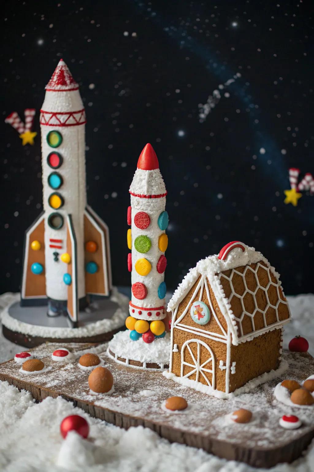 A gingerbread space station ready for an outer space odyssey.