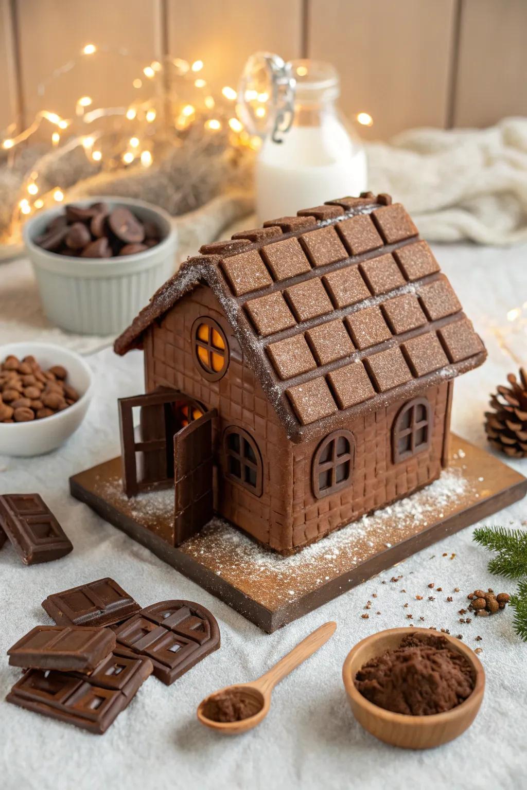 A gingerbread roof with chocolate bar bricks.