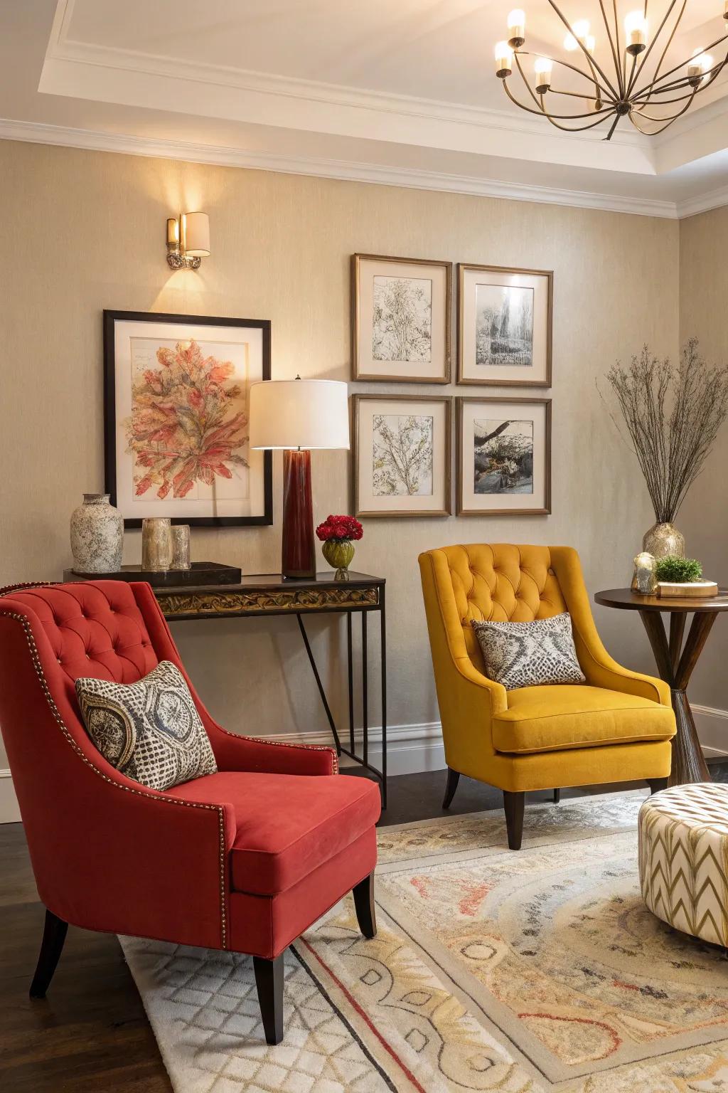 A stylish living room with bold accent chairs adding color.