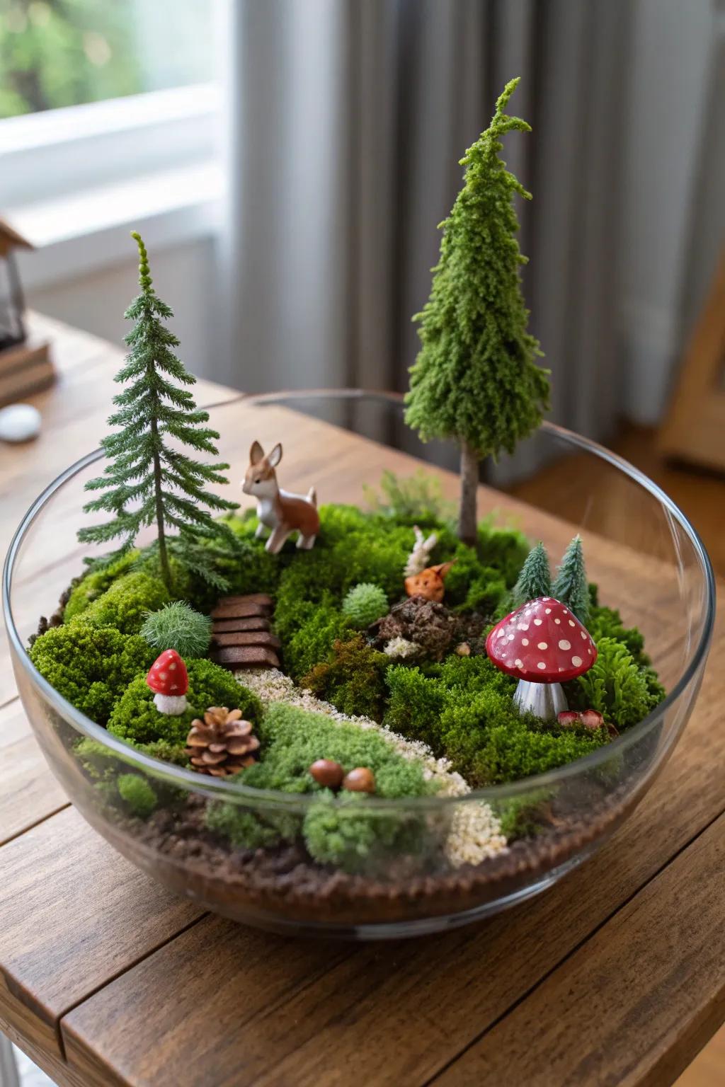 A forest fantasy scene inside a glass bowl.