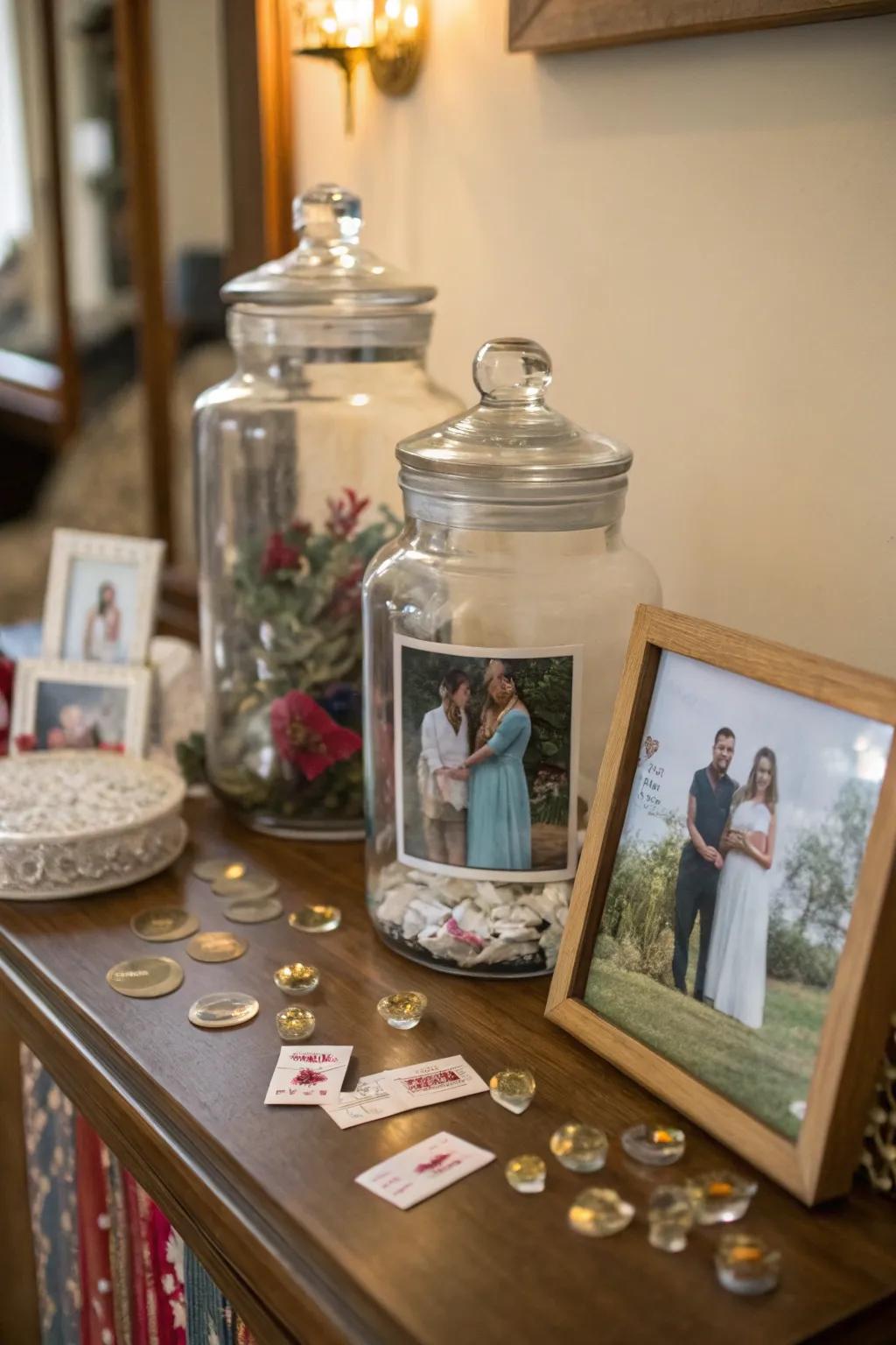 Photo-filled jars offer a unique and personal decor element.