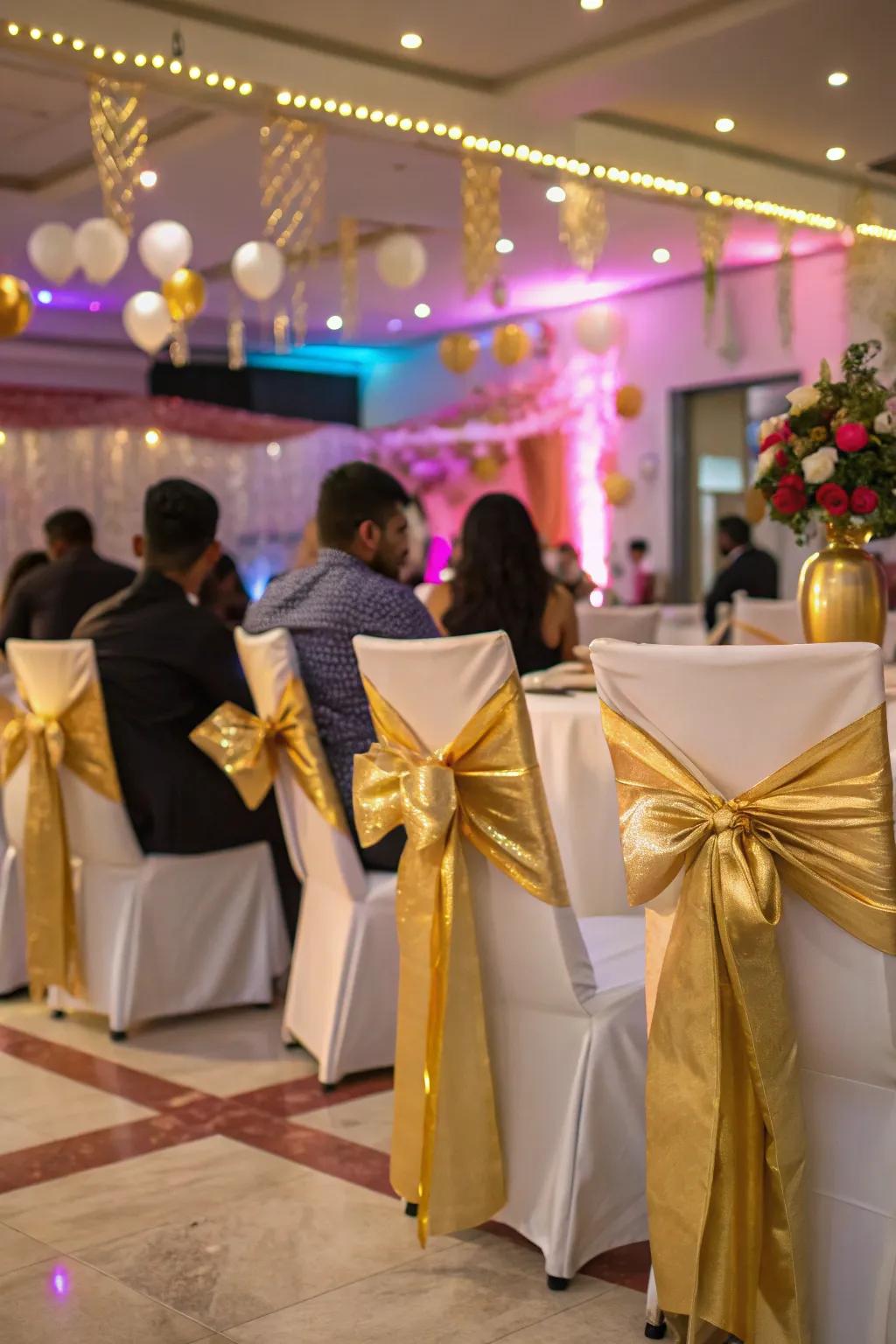 Gold ribbons provide an elegant accent to party decor.