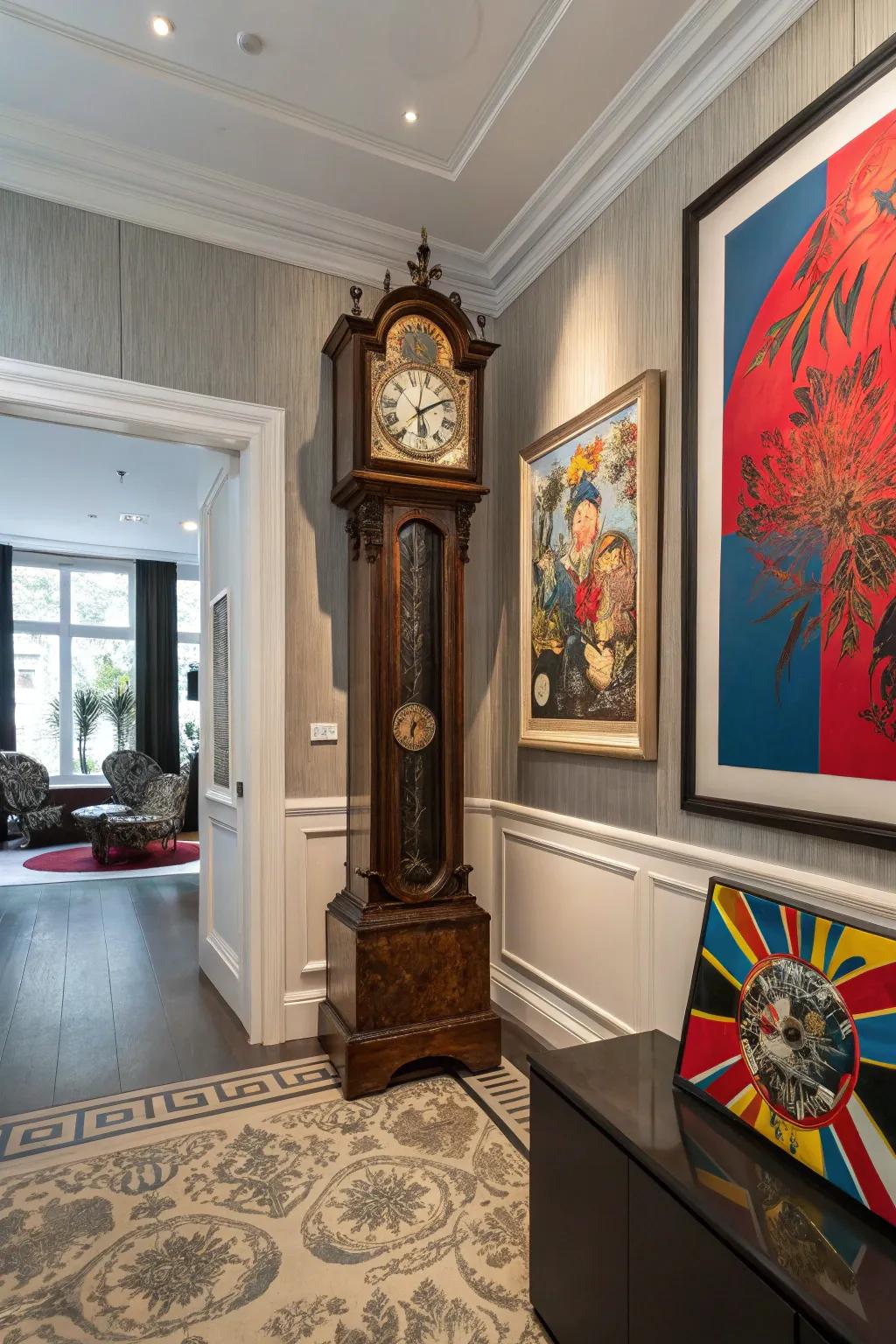 A grandfather clock becomes an art piece with the addition of bold modern art.