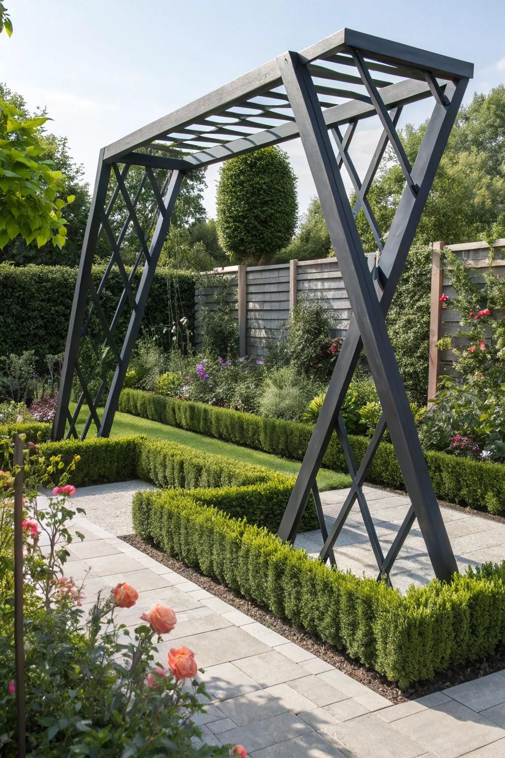 Geometric trellises provide a modern and artistic garden element.