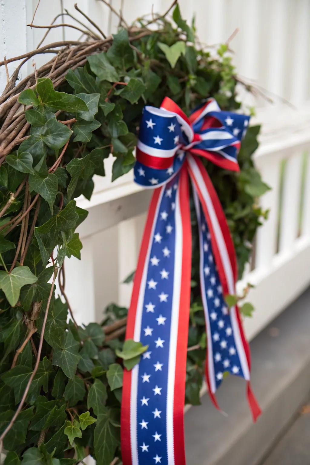 A patriotic-themed grapevine wreath with national colors.