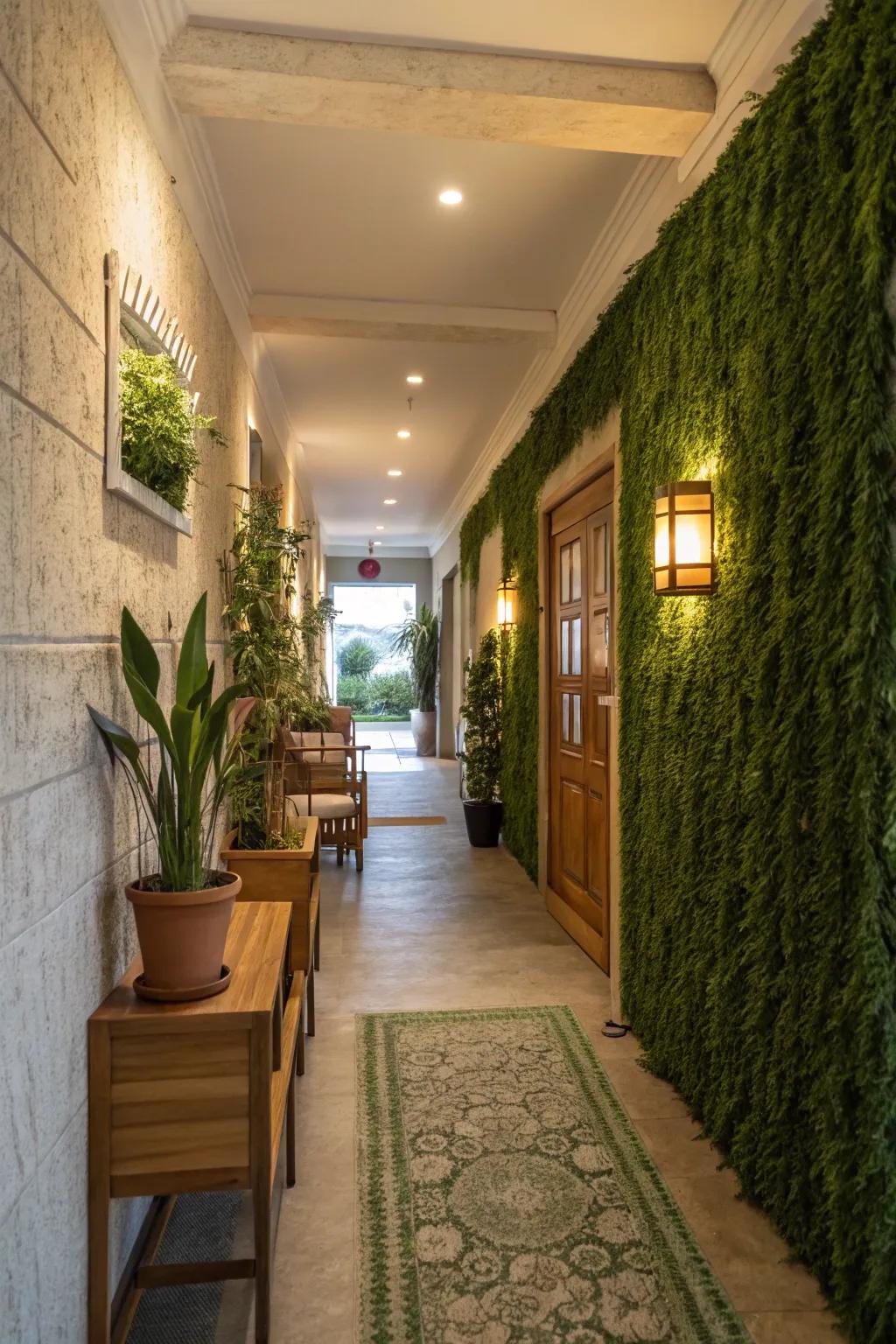 A grass wall adds warmth and personality to a previously plain hallway.