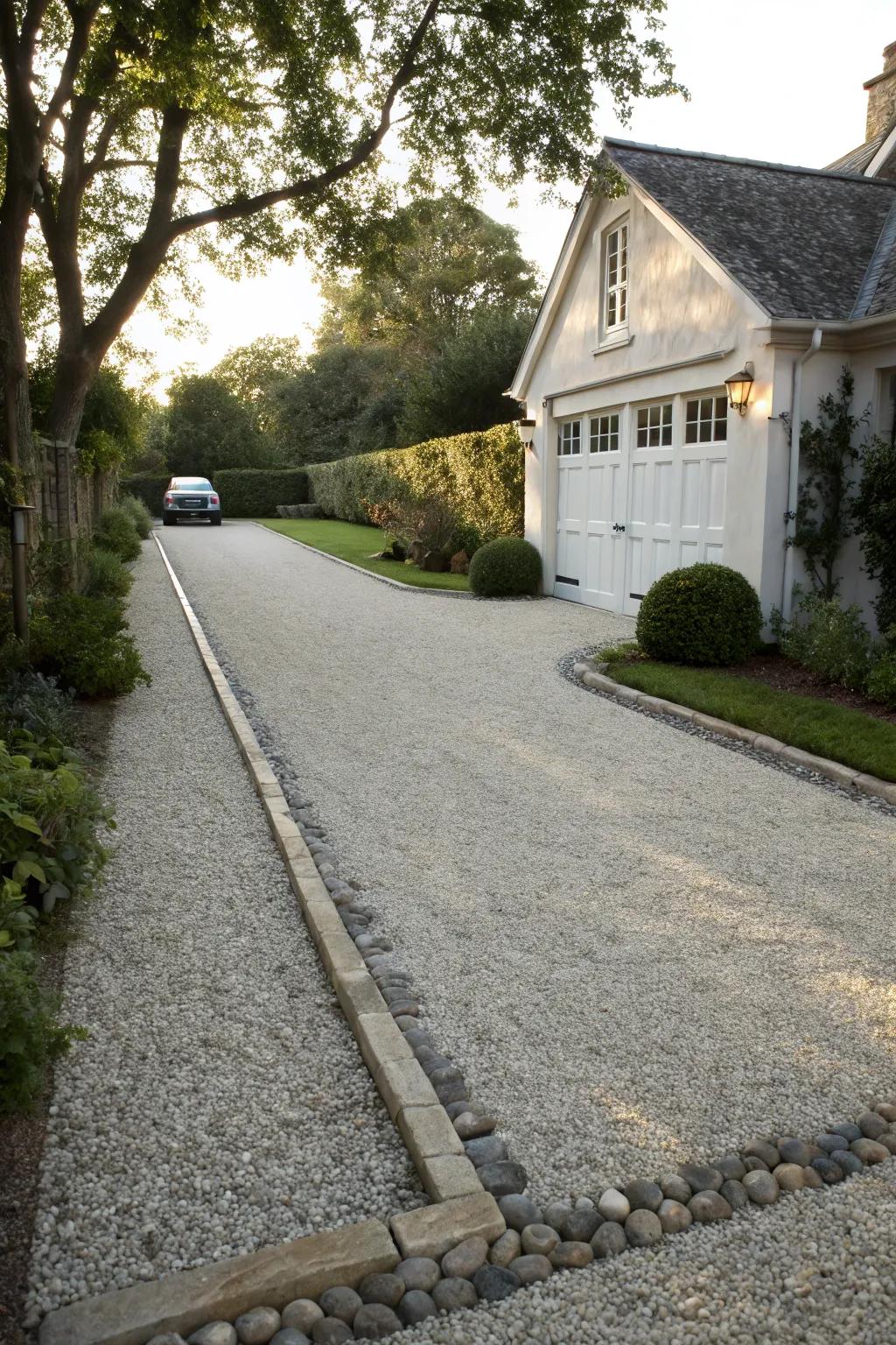 Cobblestone edging brings timeless elegance to the driveway.