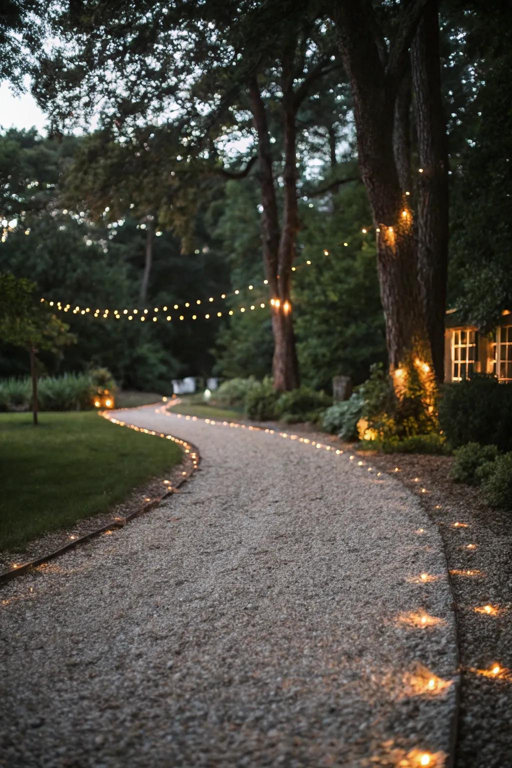 Lighting features illuminate this gravel driveway beautifully at night.