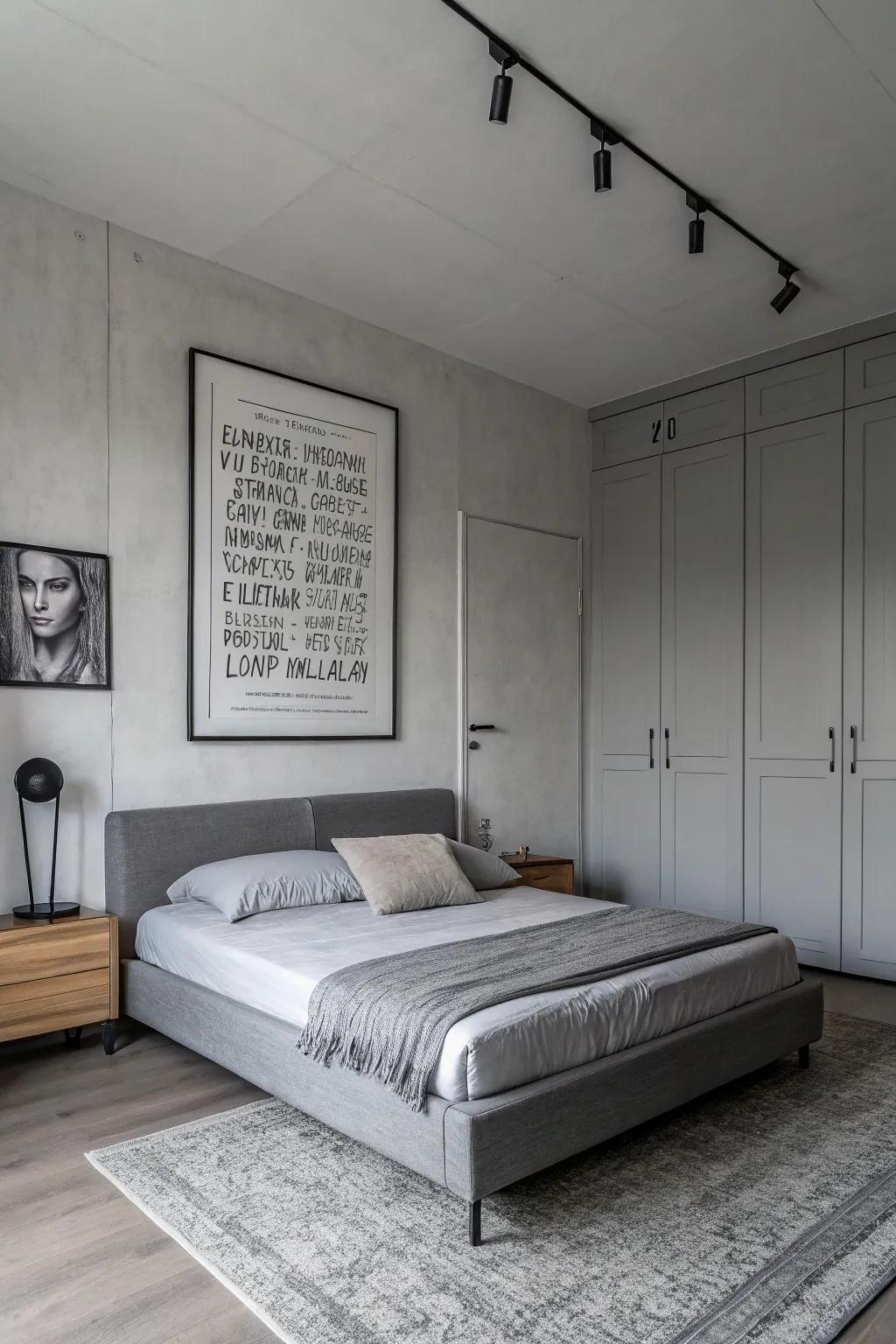 A monochrome gray bedroom highlighted by statement art.