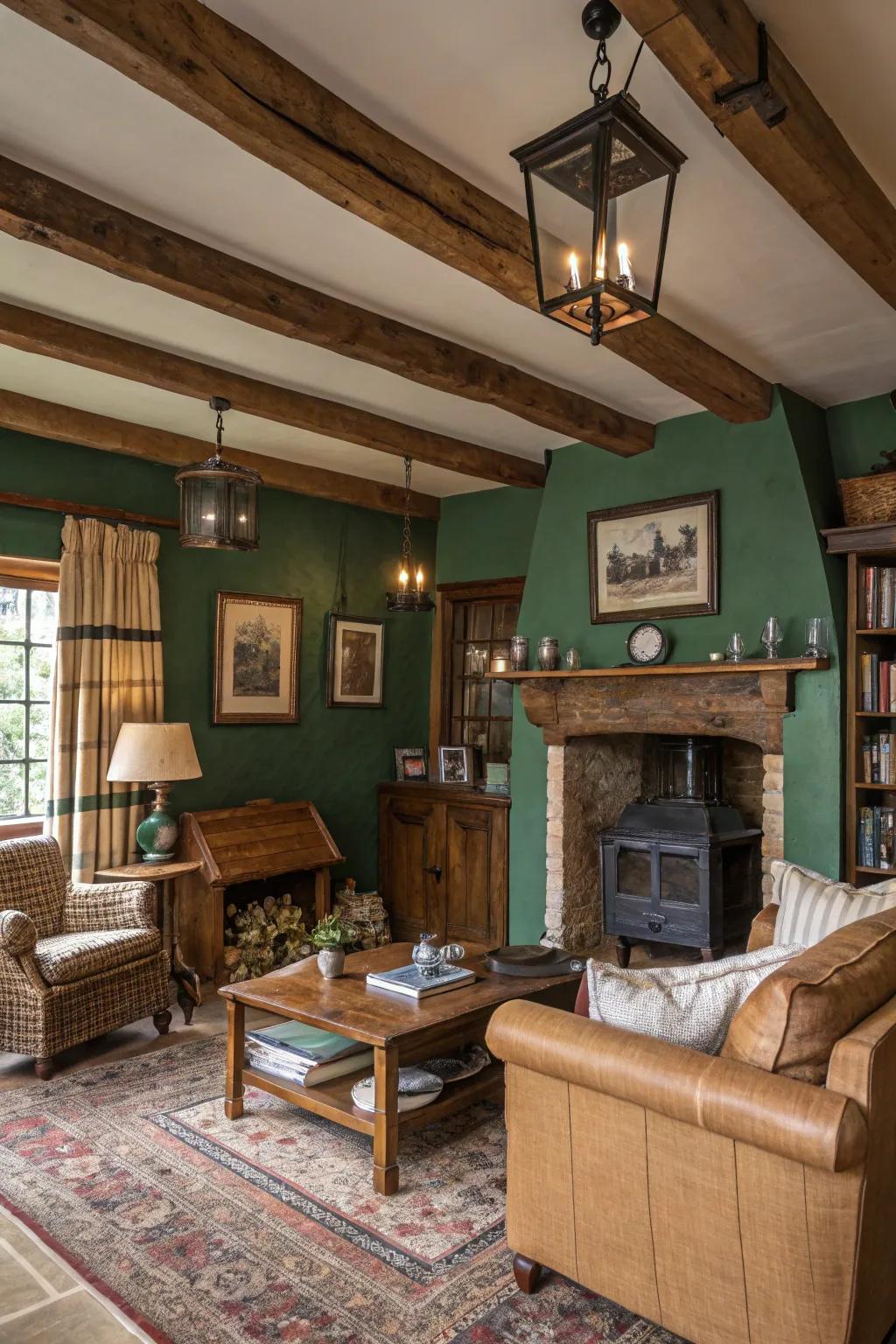 Hunter green walls add rustic charm to this cozy living room.