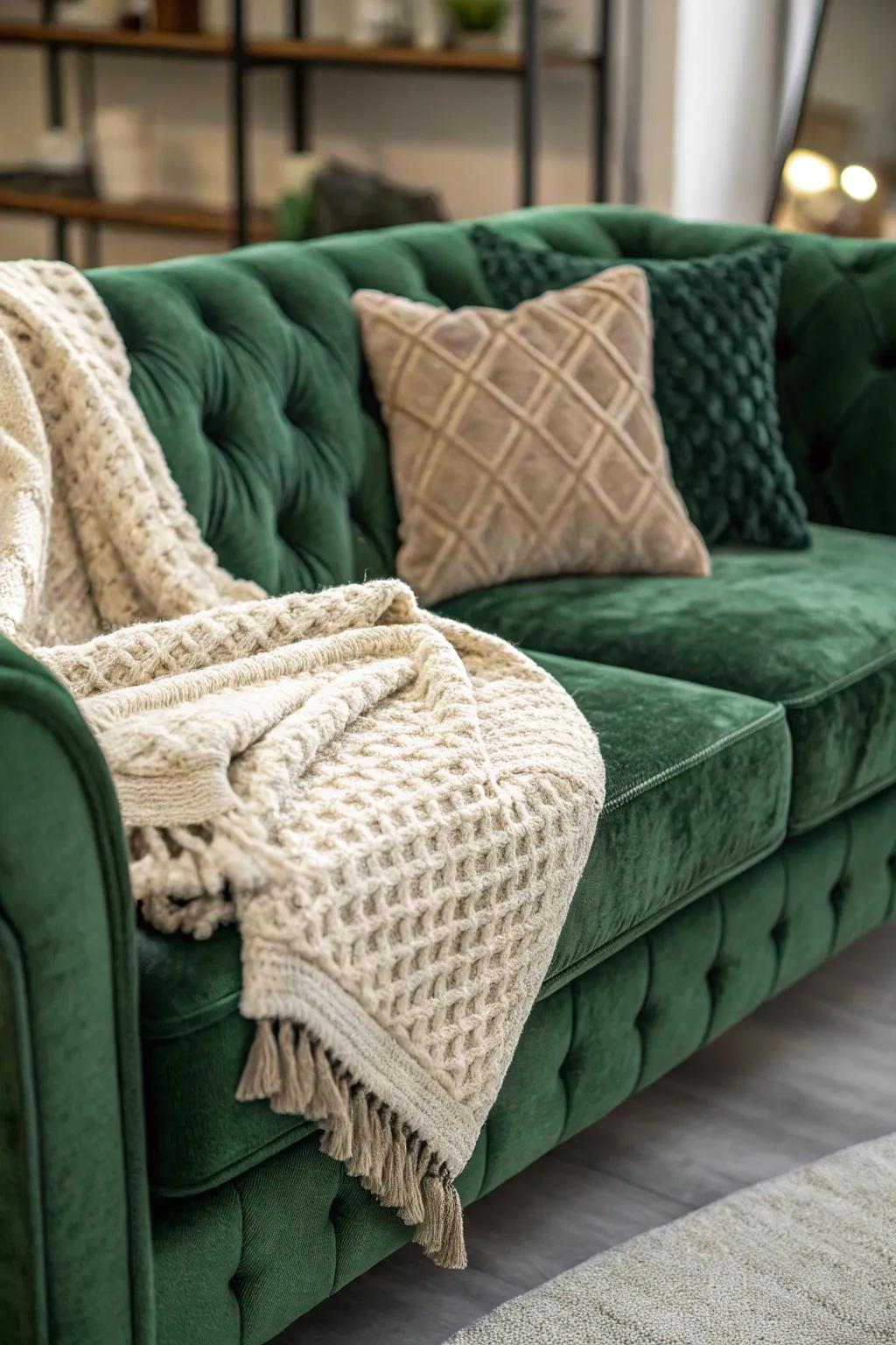 A cozy living room with a green velvet couch and layered textured throws.