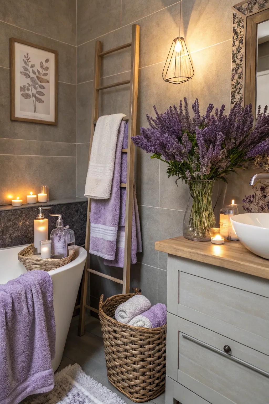 Grey and lavender create an unexpectedly elegant and calming bathroom.