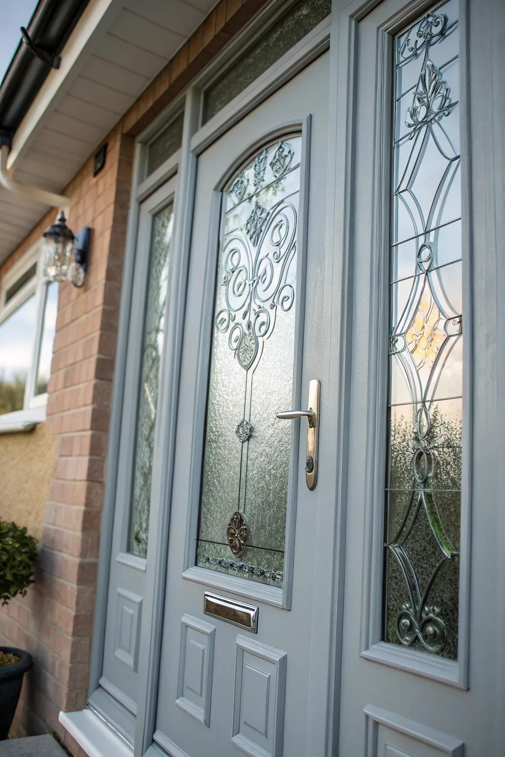 Artistic elements make this grey door a standout feature.