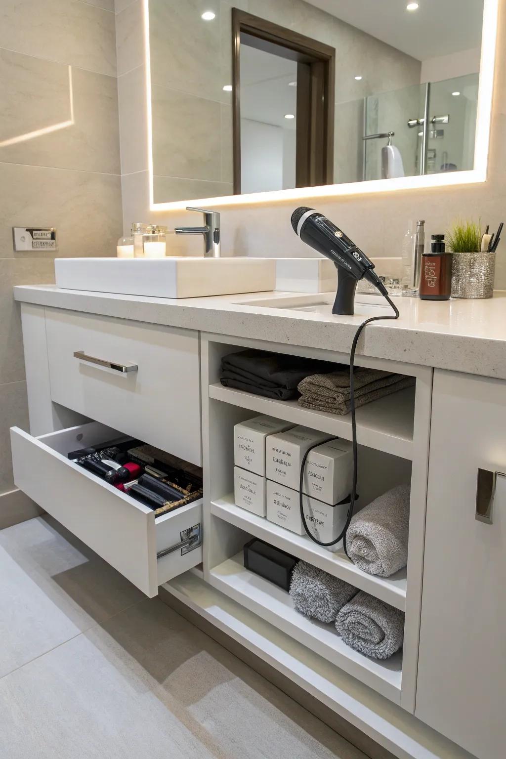 Sleek built-in vanity cubbies for discreet and organized storage.