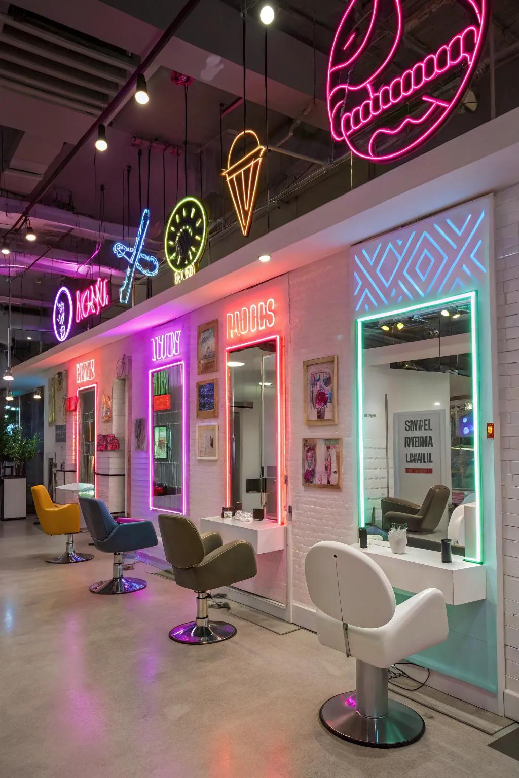 Neon lights bring a playful touch to your salon.