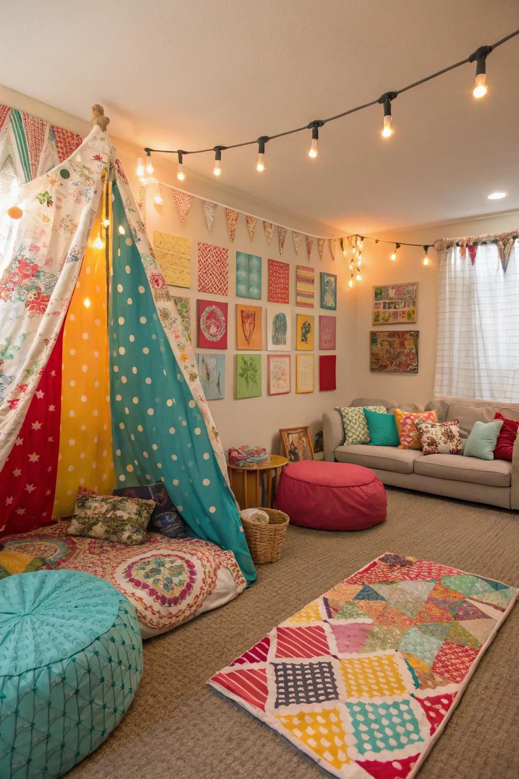 Playful family room with colorful fabric panels.