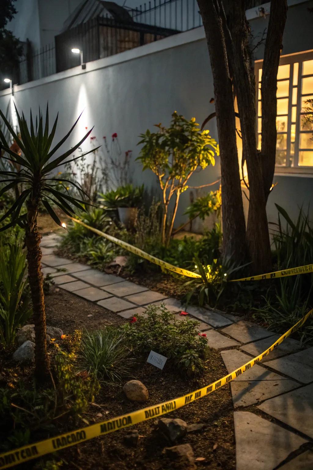 A ghoulish garden with caution tape and eerie lights.