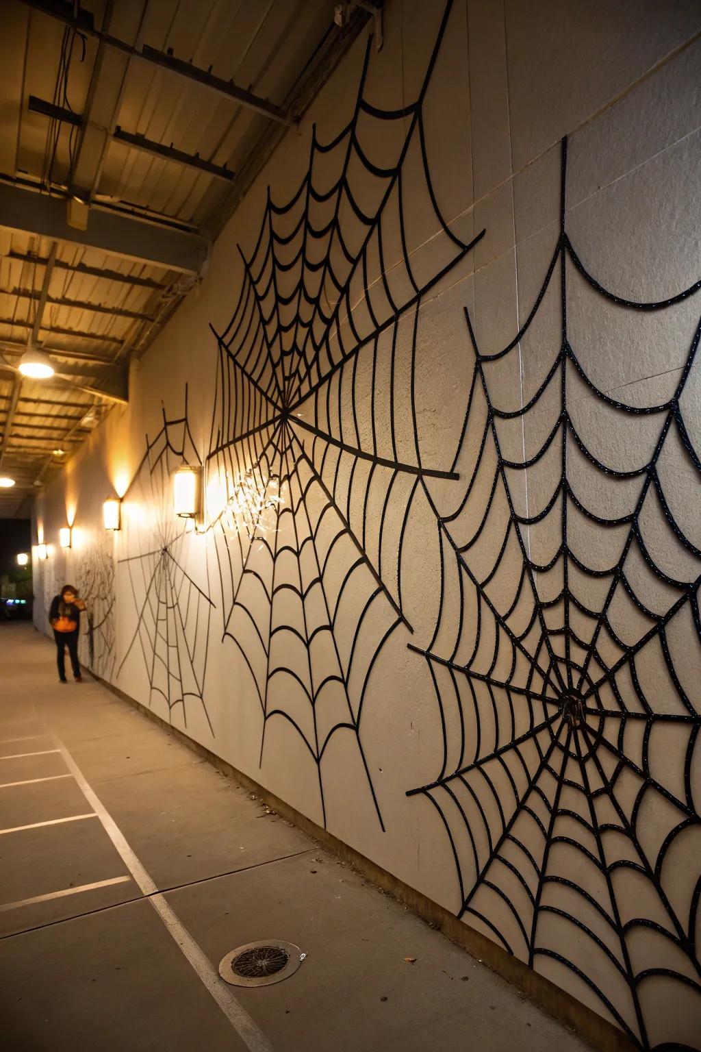 Spider web wall art creates a dramatic Halloween effect.