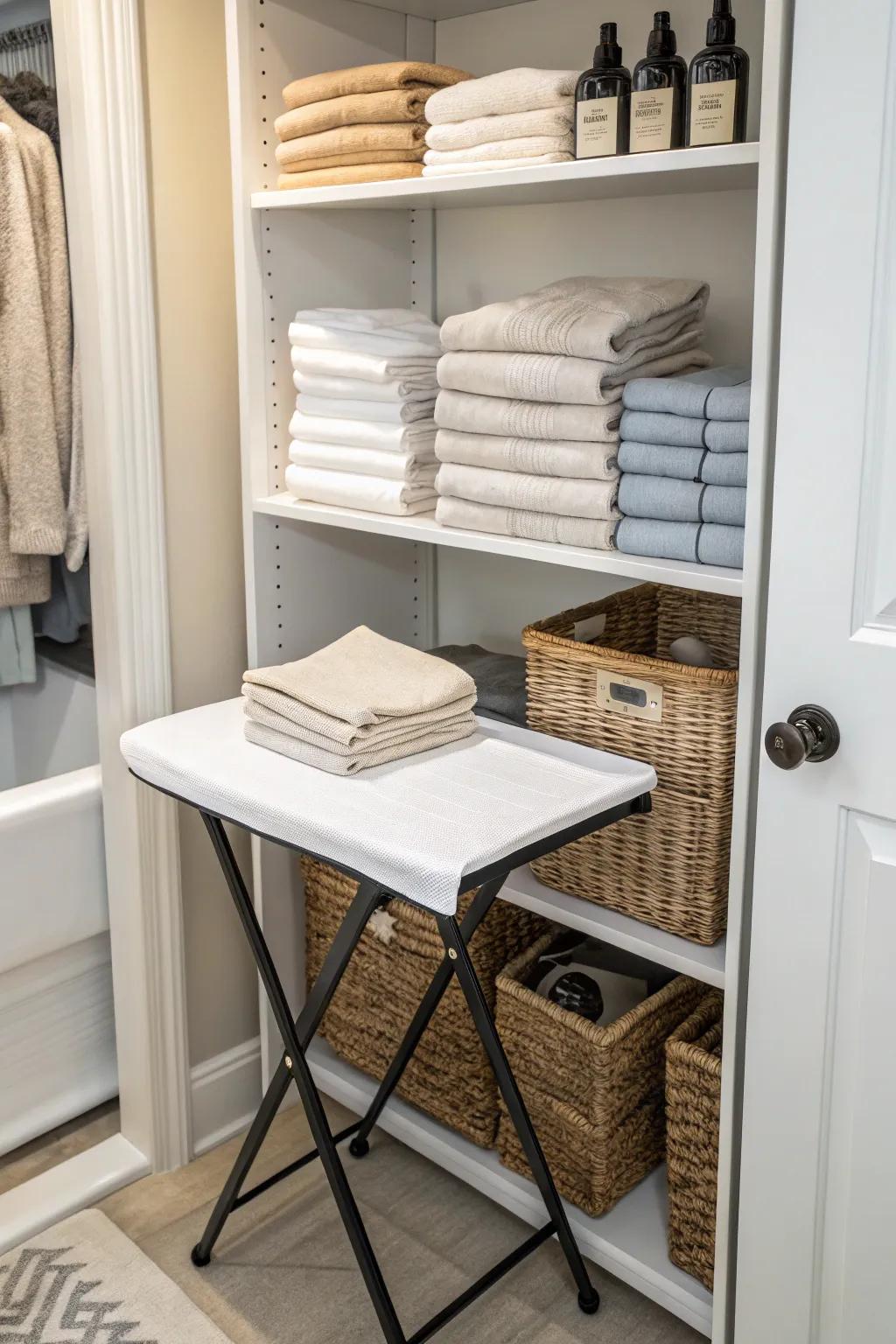 A folding station adds convenience to your linen closet.