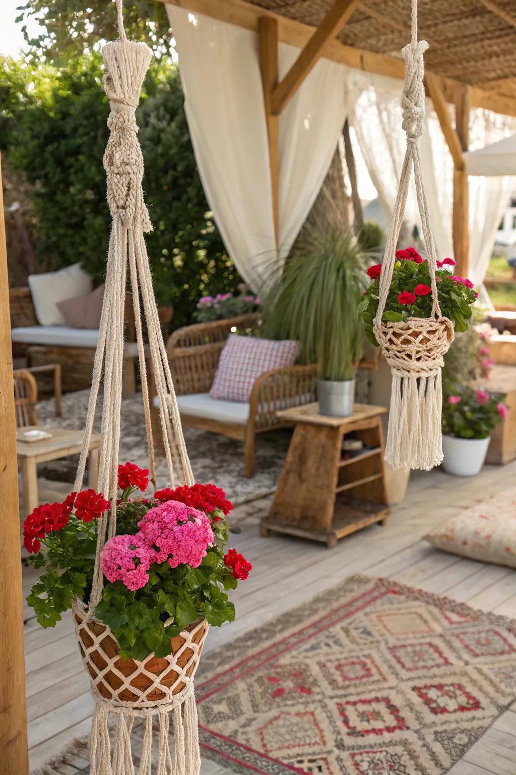 Macramé hangers bring a boho vibe to geraniums.