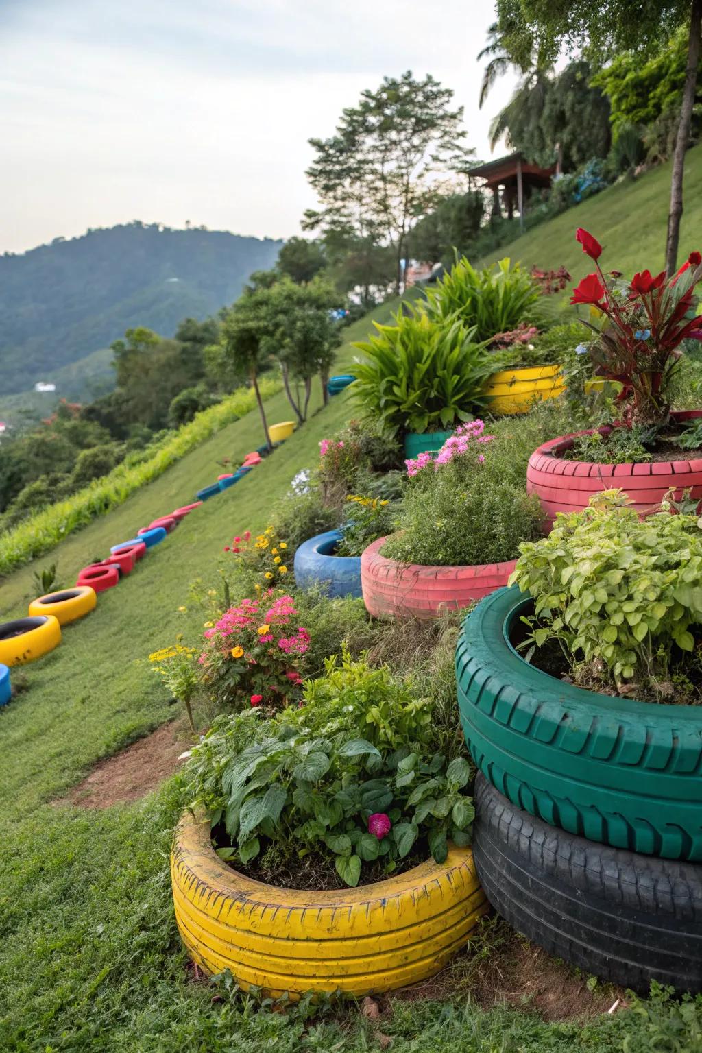 Old tires make creative and eco-friendly planters for hillside gardens.