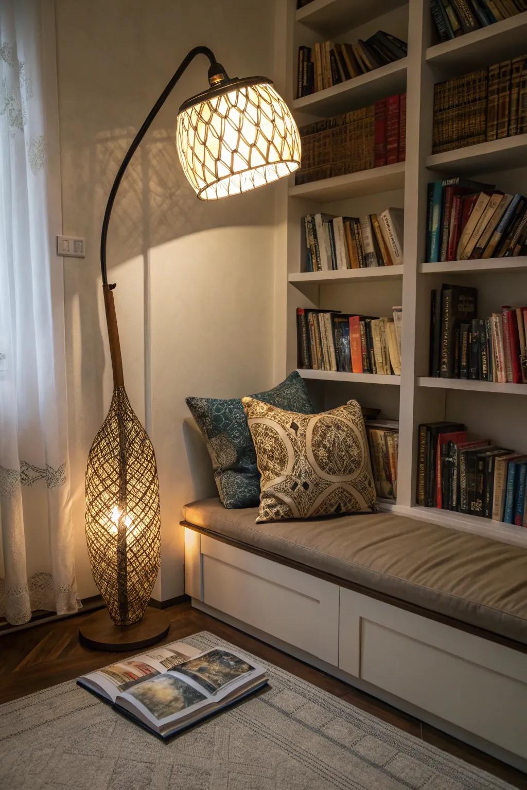 Artistic floor lamps add flair to spaces.