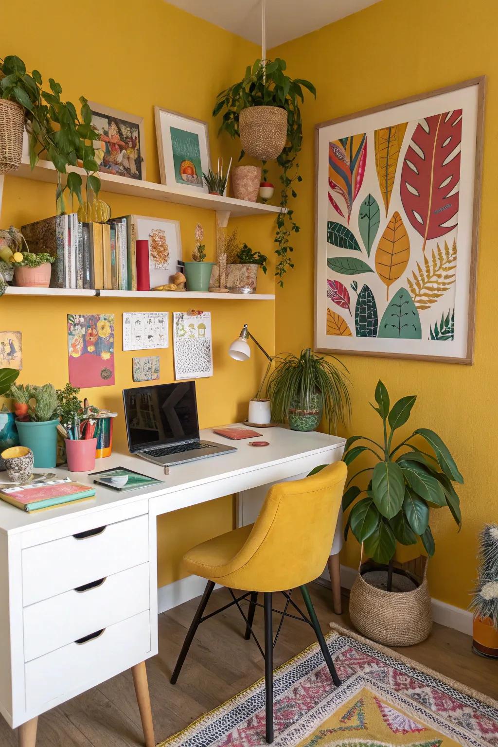 Mustard walls bring warmth and cheer to this inviting home office.