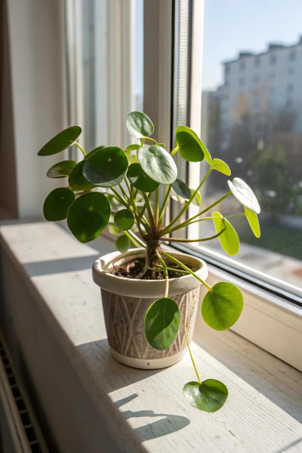 Pilea Peperomioides adding charm and character to the windowsill.