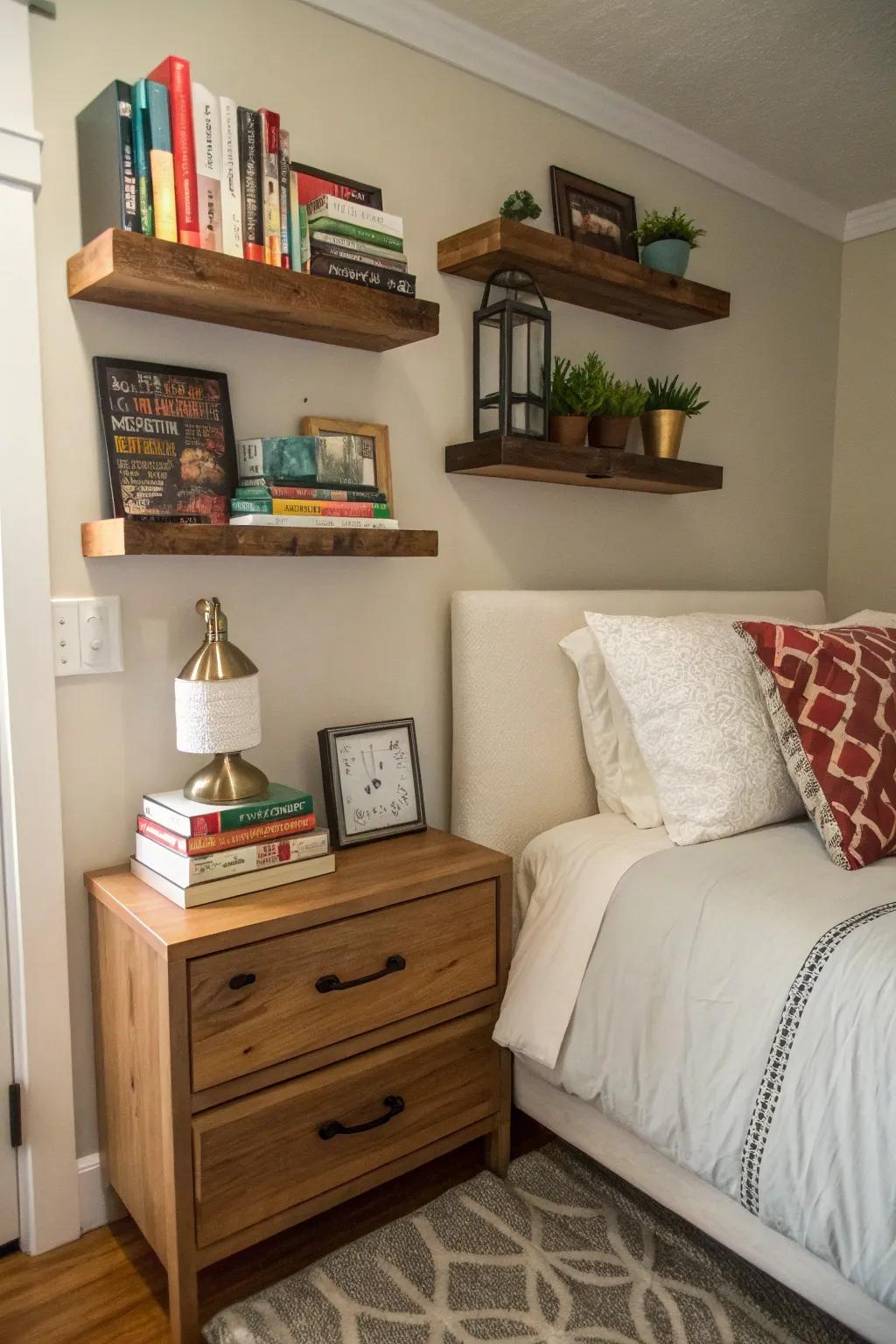 Floating shelves and nightstand enhance the spaciousness of a small bedroom.