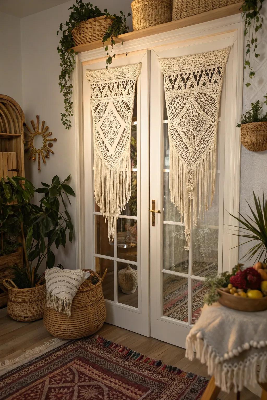 Macramé panels provide a boho touch and light filtering for French doors.