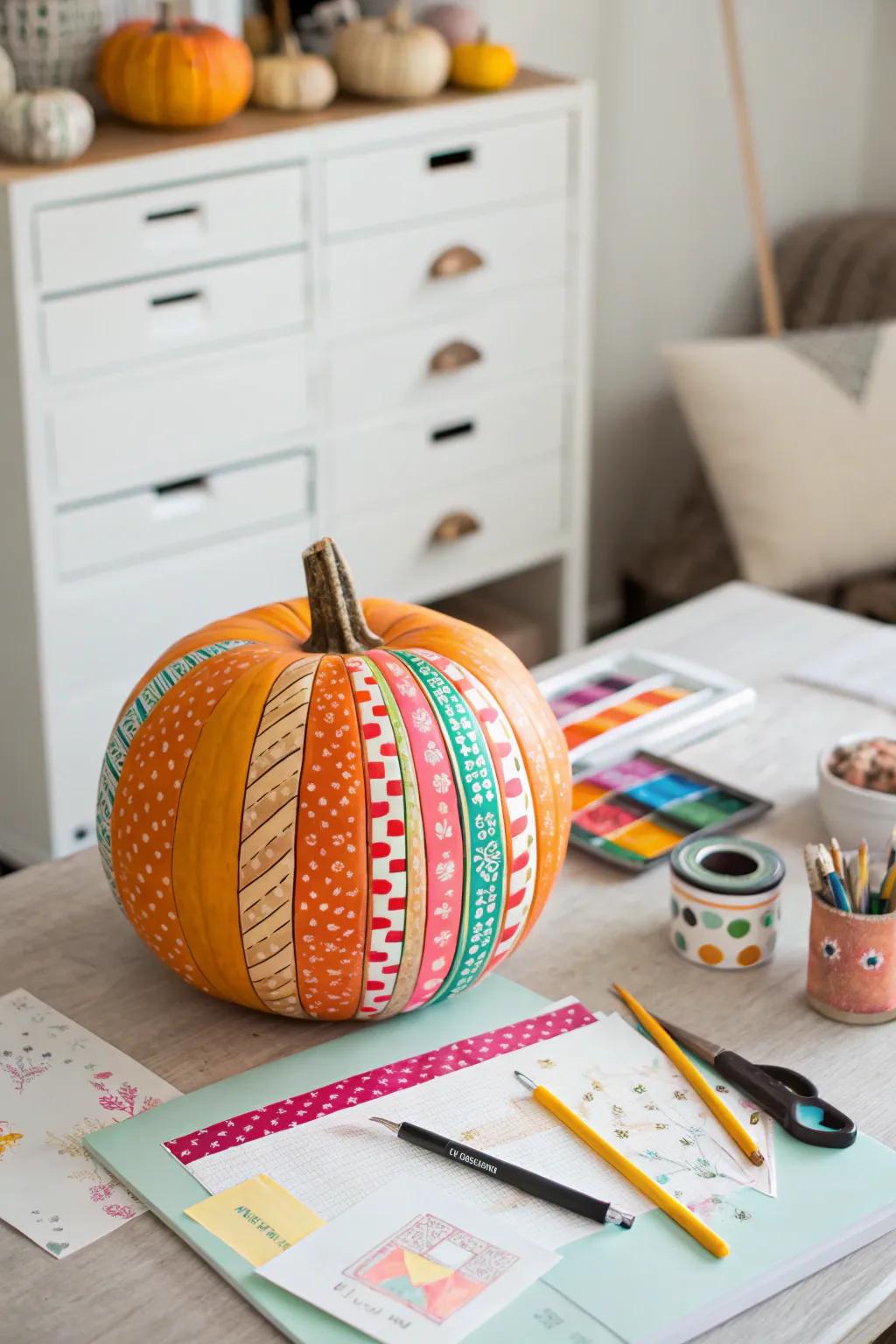 A washi tape pumpkin that bursts with color and creativity.