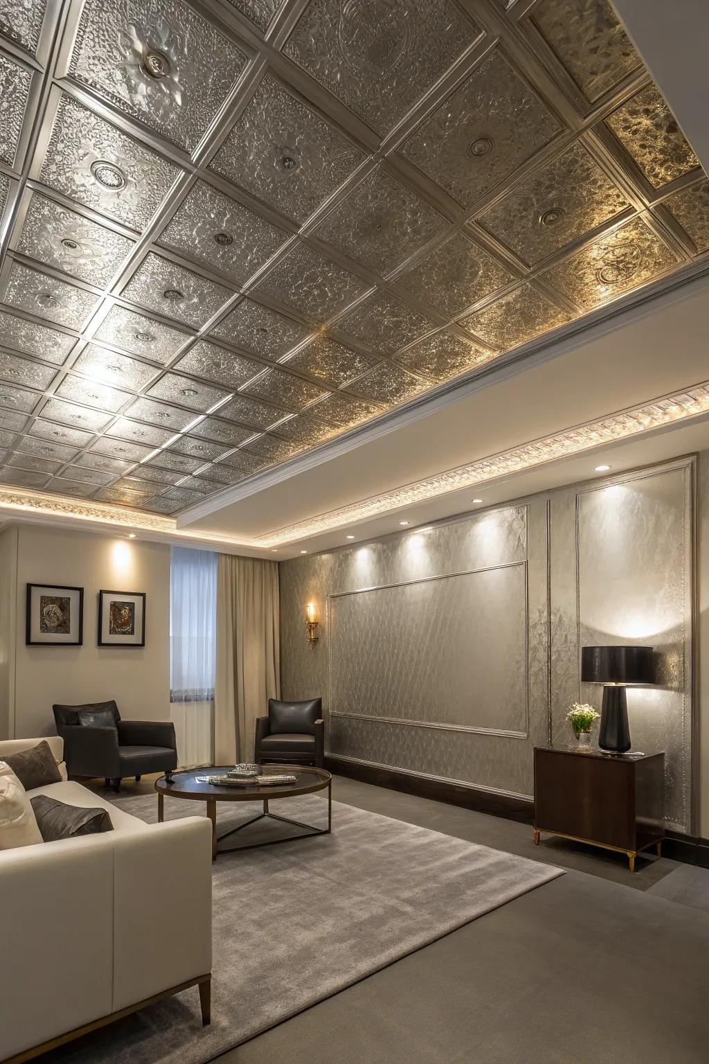 A modern room with a luxurious metallic finish on the ceiling.