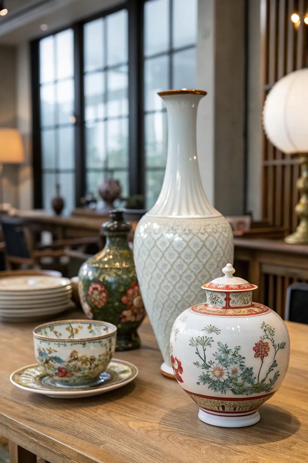 A playful mix of vintage and modern china pieces creating a unique display.