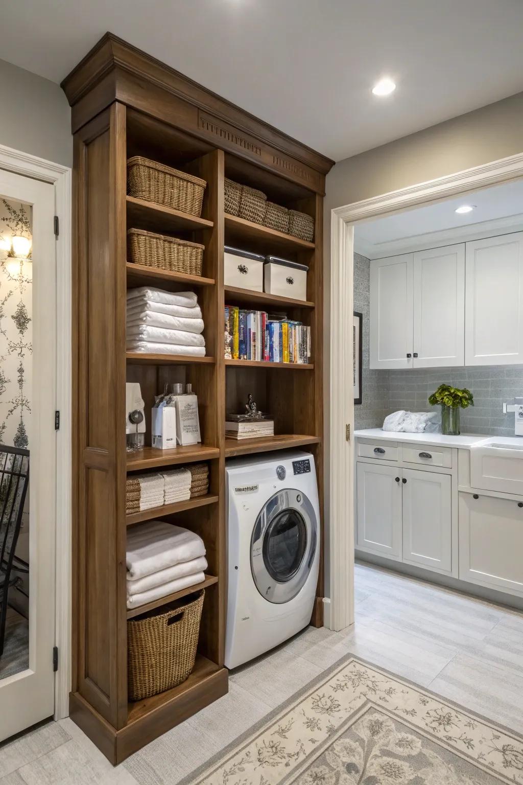 Bookcases provide storage and concealment ingeniously.