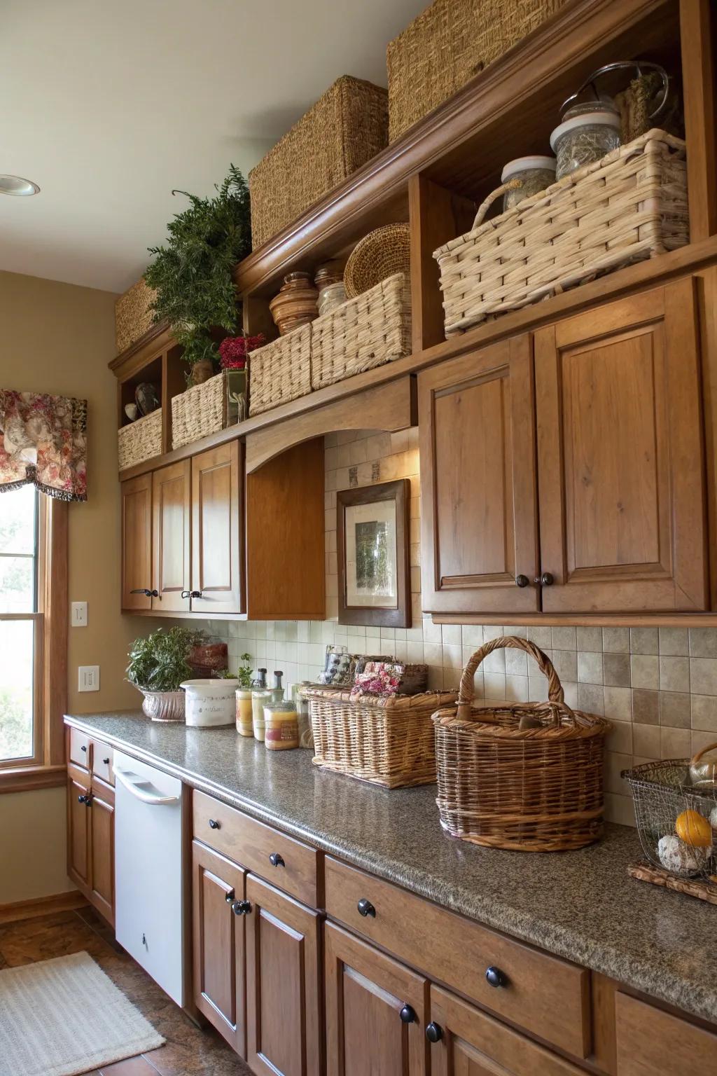 Above-cabinet storage utilizes vertical space.