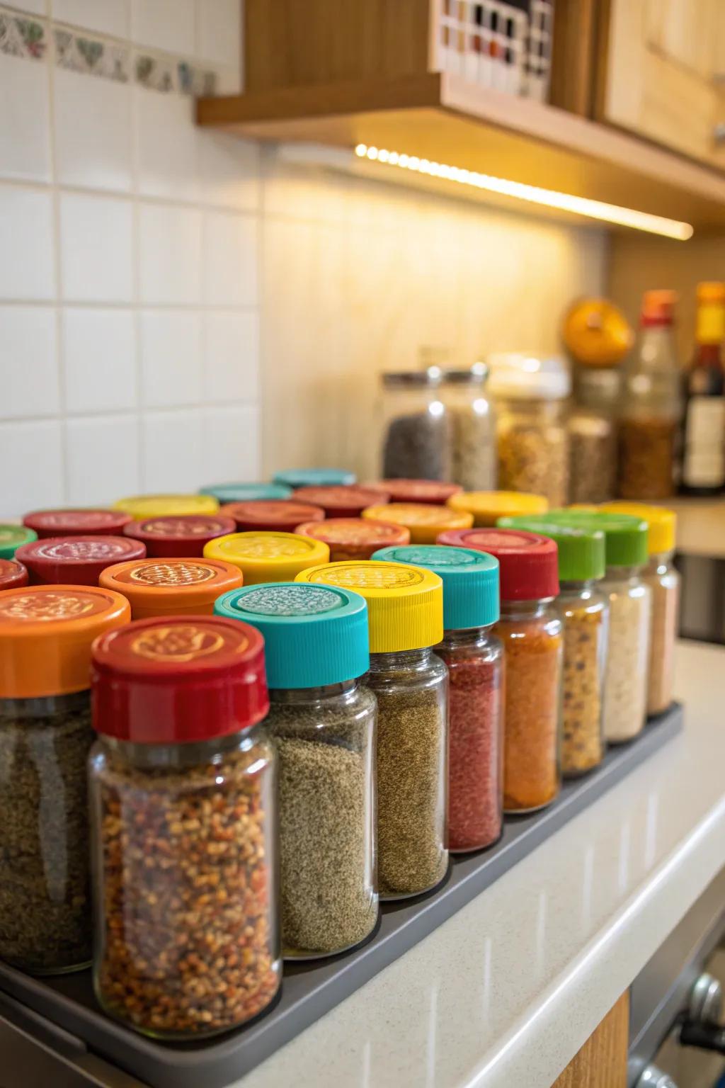 Color-coded lids make spice identification quick and simple.