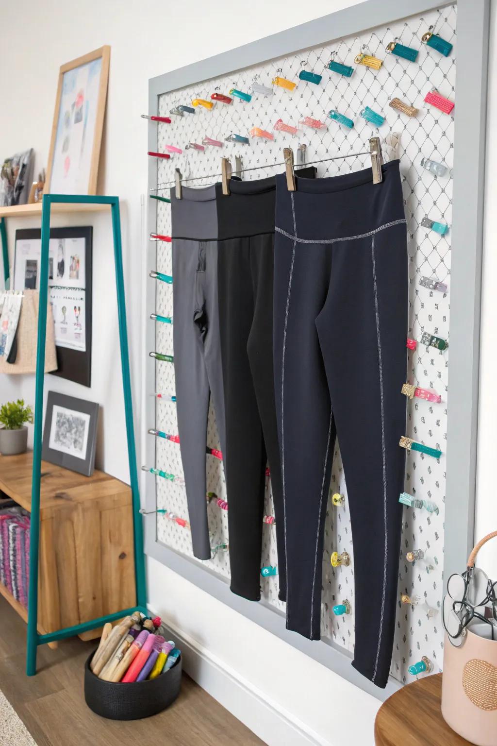 Hang your leggings with a magnetic board for a modern and artistic display.