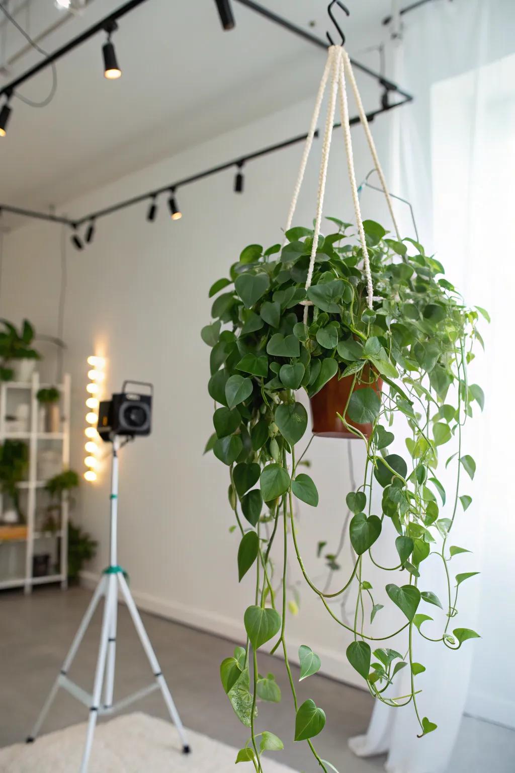 A creative studio with a Hoya plant on a customizable wire trellis.