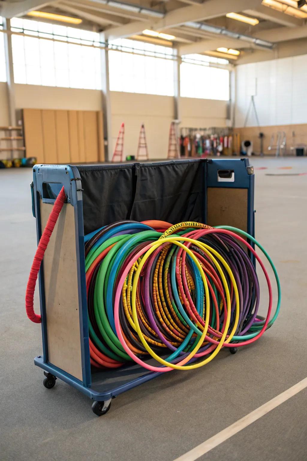 A mobile storage cart packed with hula hoops, offering flexibility and convenience.