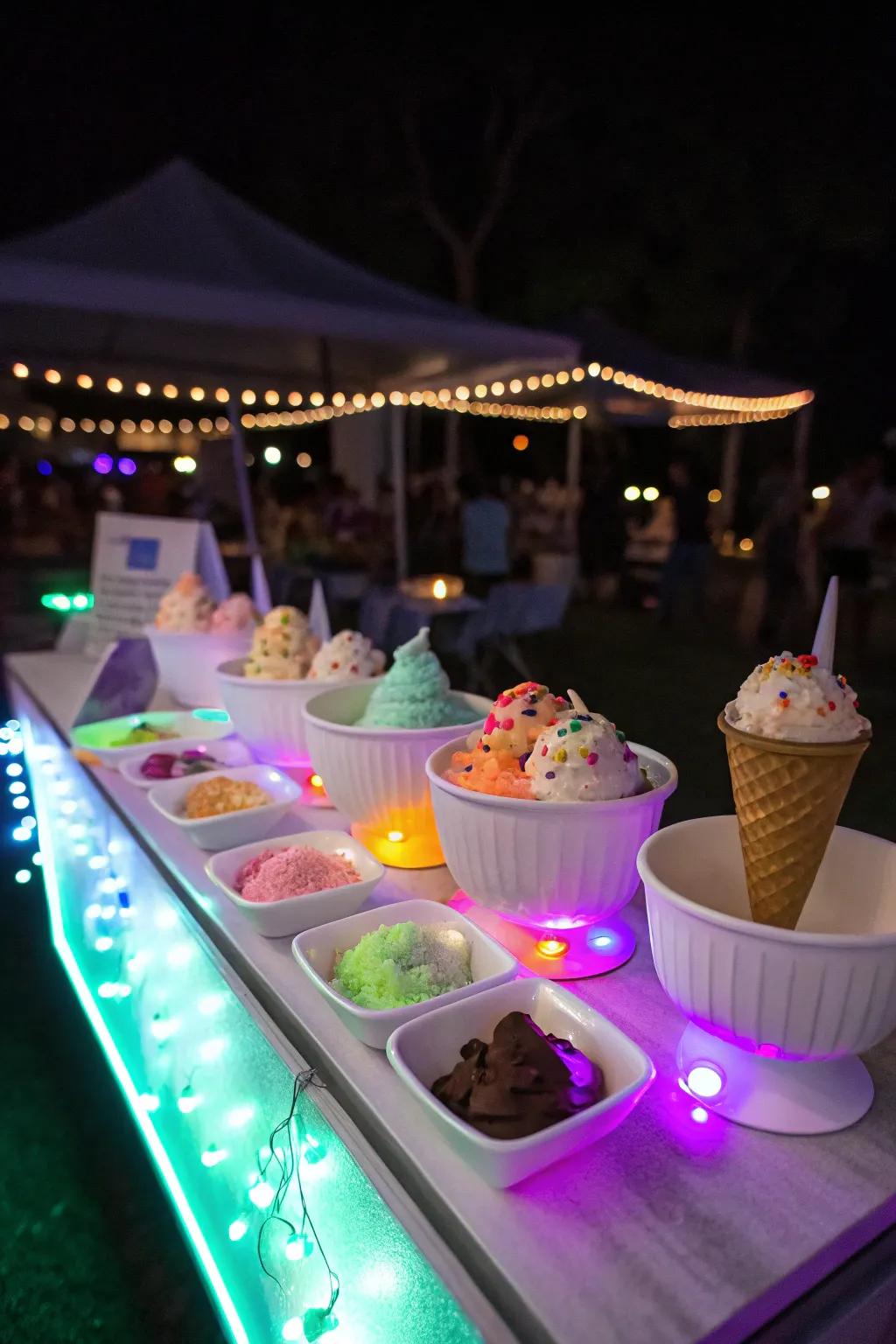 A nighttime glow ice cream table that transforms the evening into a luminous event.