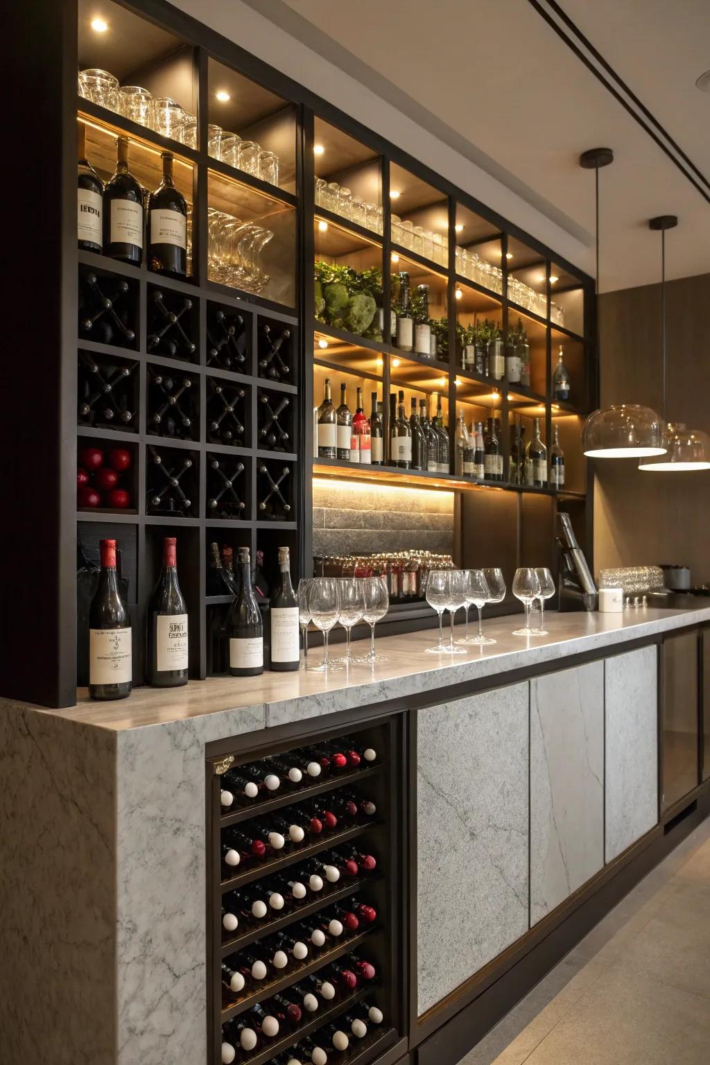 A wine rack adds elegance and functionality to your bar area.