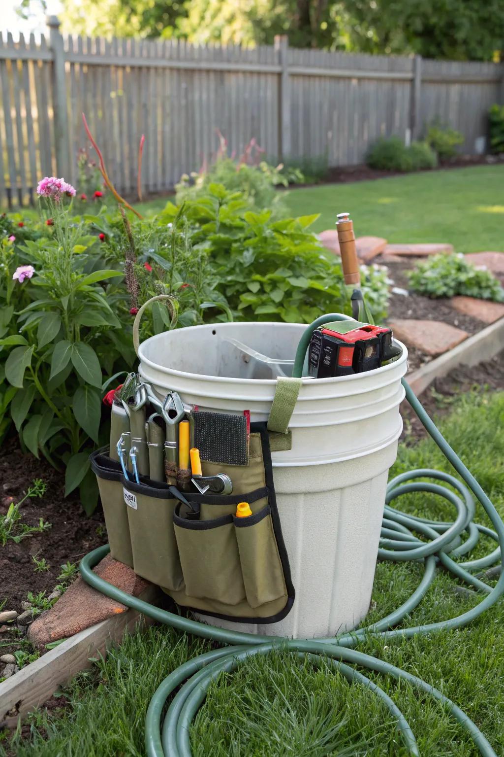 A bucket with tool attachments makes for a handy portable toolkit.