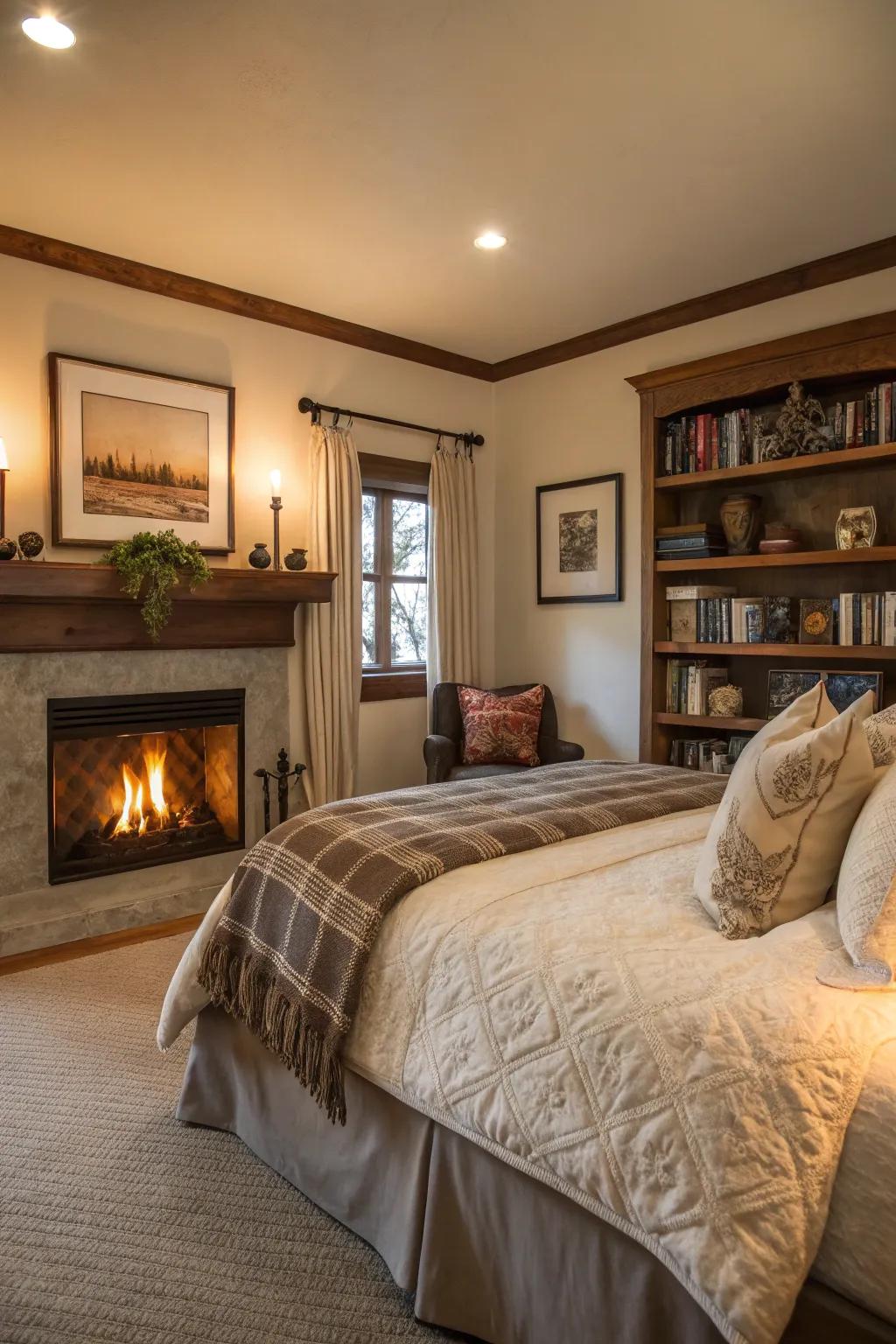 A bedroom with a cozy fireplace, creating a warm and inviting atmosphere.