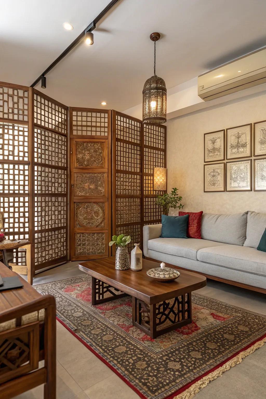 Eclectic living room with a vibrant lattice wall feature.