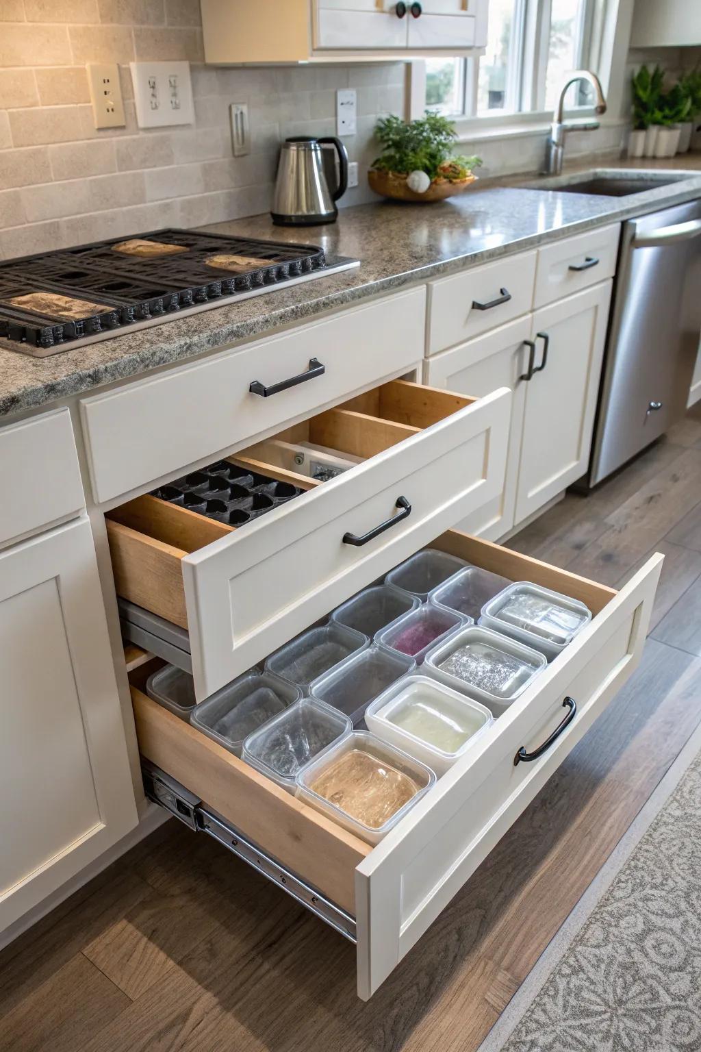 Toe kick drawers transform unused space into valuable storage.