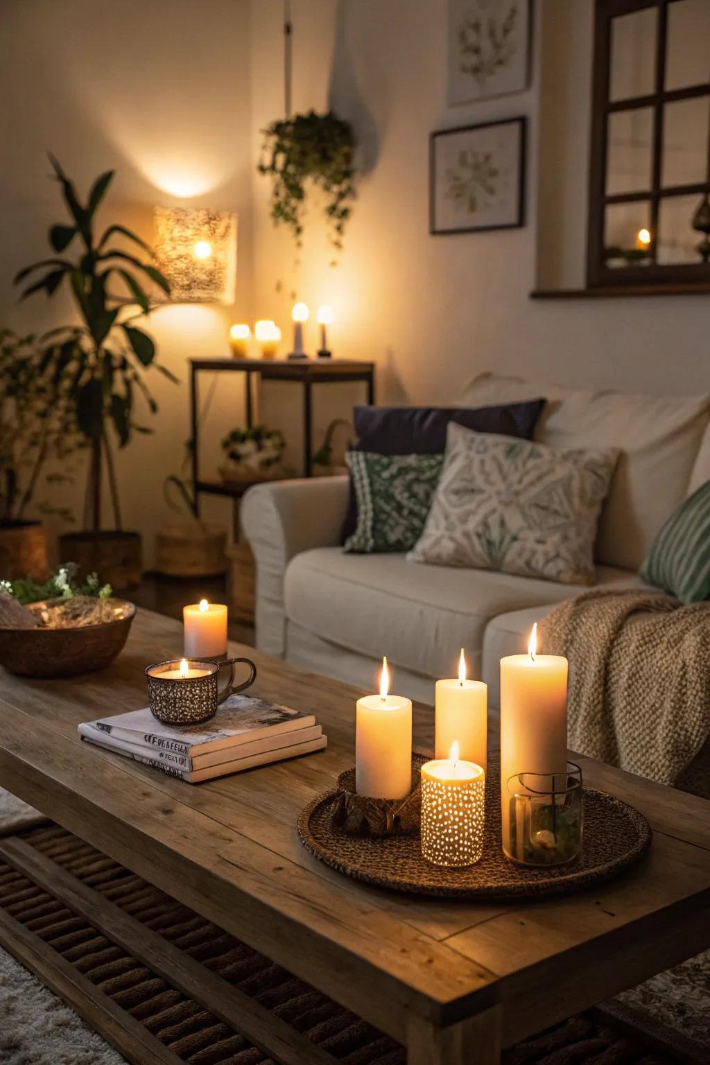 Candlelight adding warmth and intimacy to a living room.