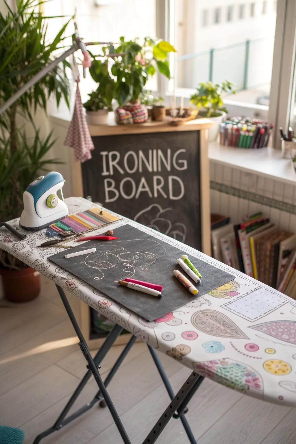 An ironing board with a chalkboard surface for creative notes.